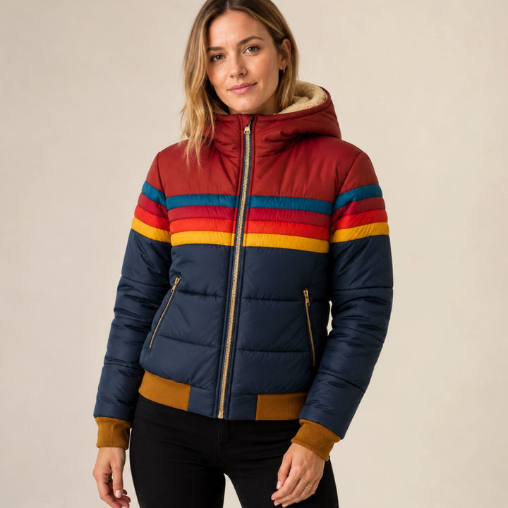Women's Waterproof Insulated Hooded Puffer Jacket Rainbow Stripe - Navy