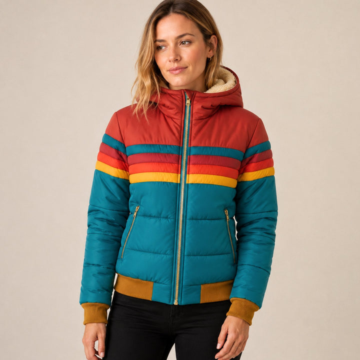 Women's Waterproof Insulated Hooded Puffer Jacket Rainbow Stripe - Blue