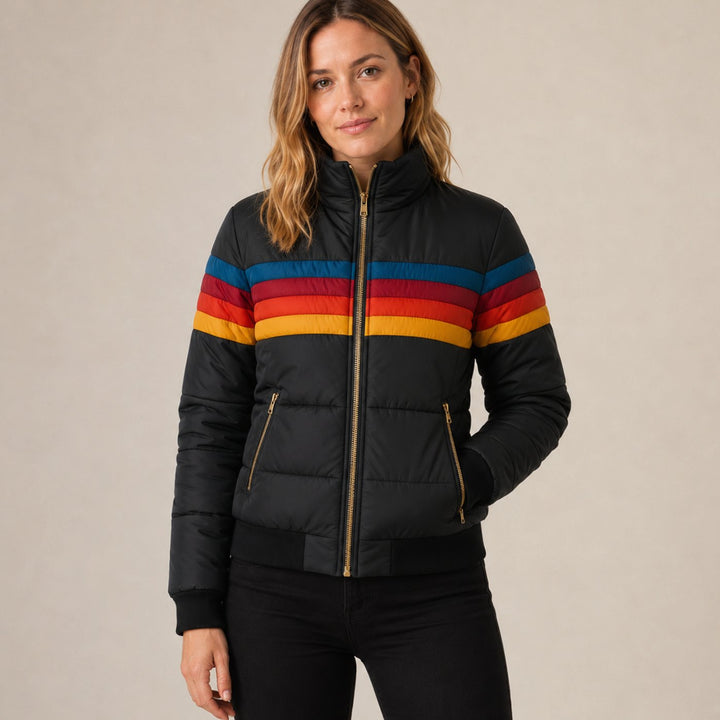 Women's Waterproof Insulated Hooded Puffer Jacket Rainbow Stripe - Black