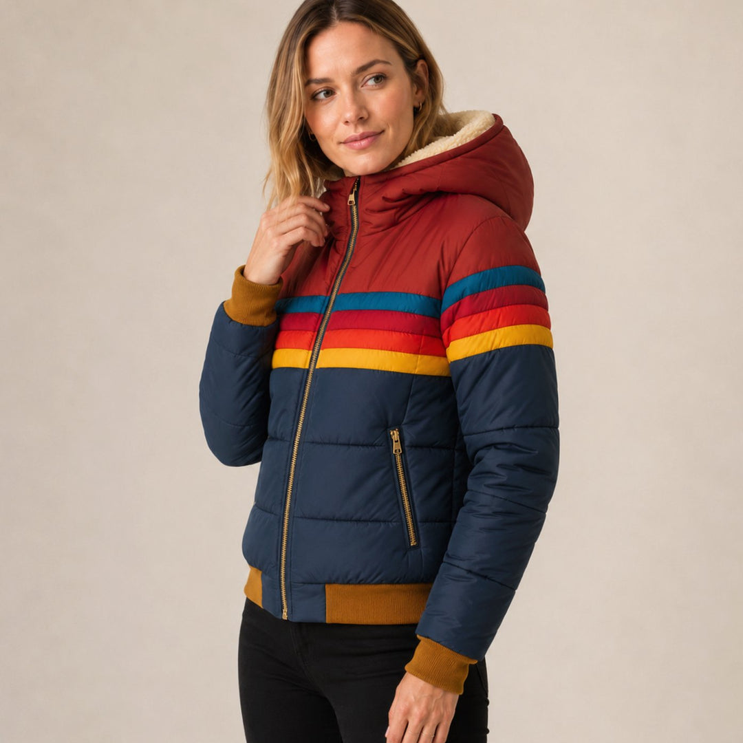 Women's Waterproof Insulated Hooded Puffer Jacket Rainbow Stripe