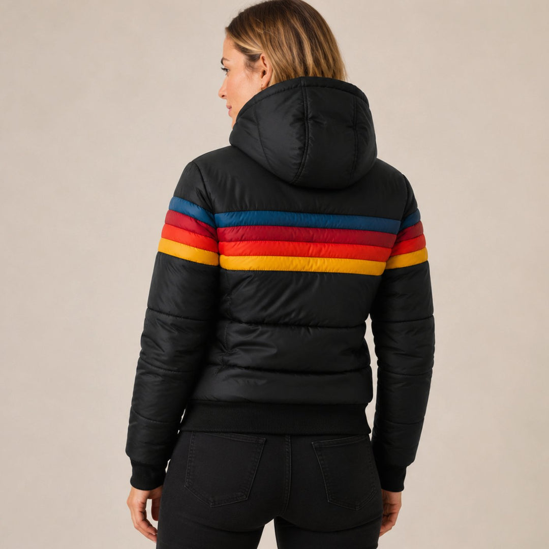 Women's Waterproof Insulated Hooded Puffer Jacket Rainbow Stripe