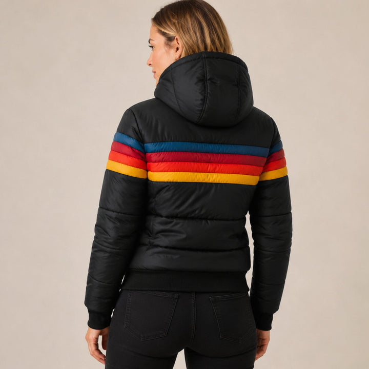 Women's Waterproof Insulated Hooded Puffer Jacket Rainbow Stripe