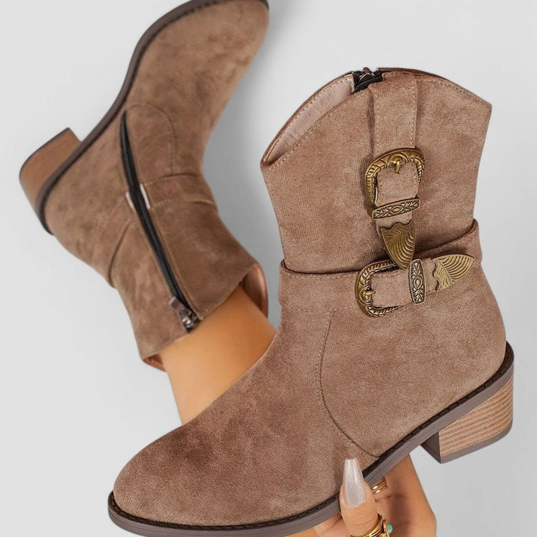 Women's Western Buckle Detail Block Heel Ankle Boots - Brown