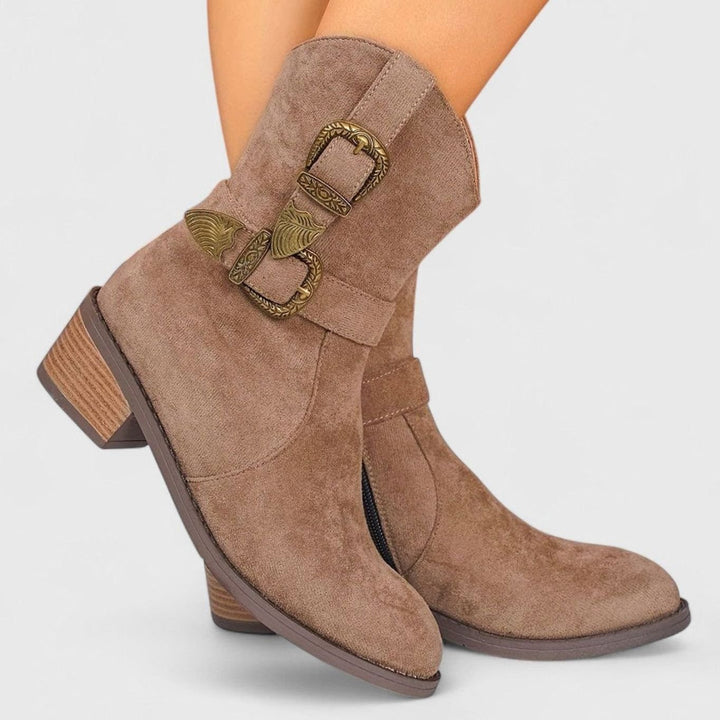 Women's Western Buckle Detail Block Heel Ankle Boots