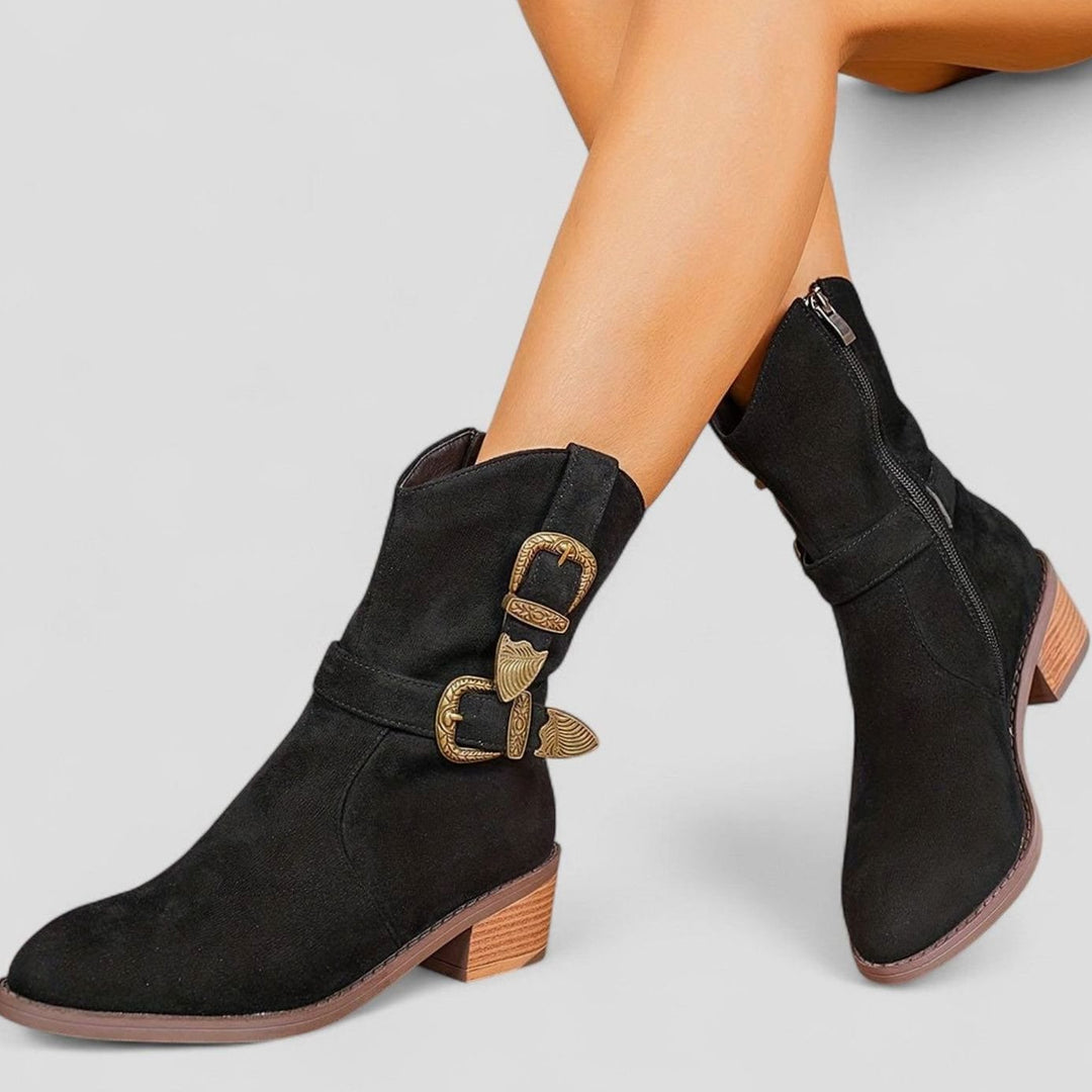 Women's Western Buckle Detail Block Heel Ankle Boots