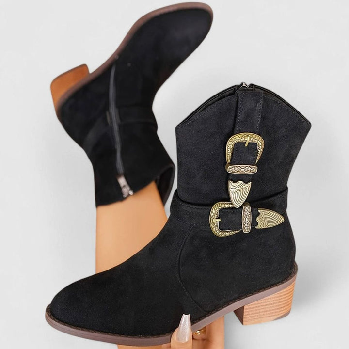 Women's Western Buckle Detail Block Heel Ankle Boots - Black