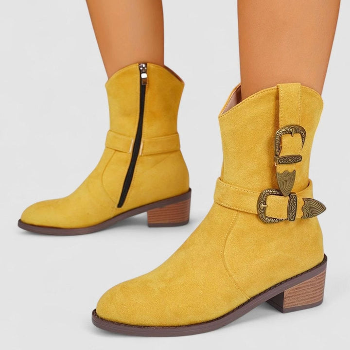 Women's Western Buckle Detail Block Heel Ankle Boots