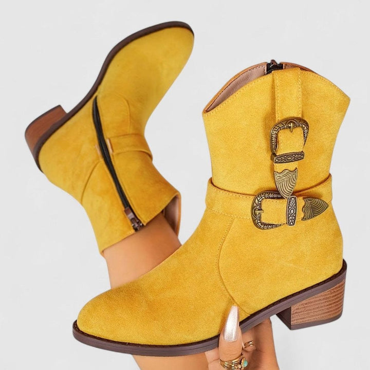 Women's Western Buckle Detail Block Heel Ankle Boots - Yellow
