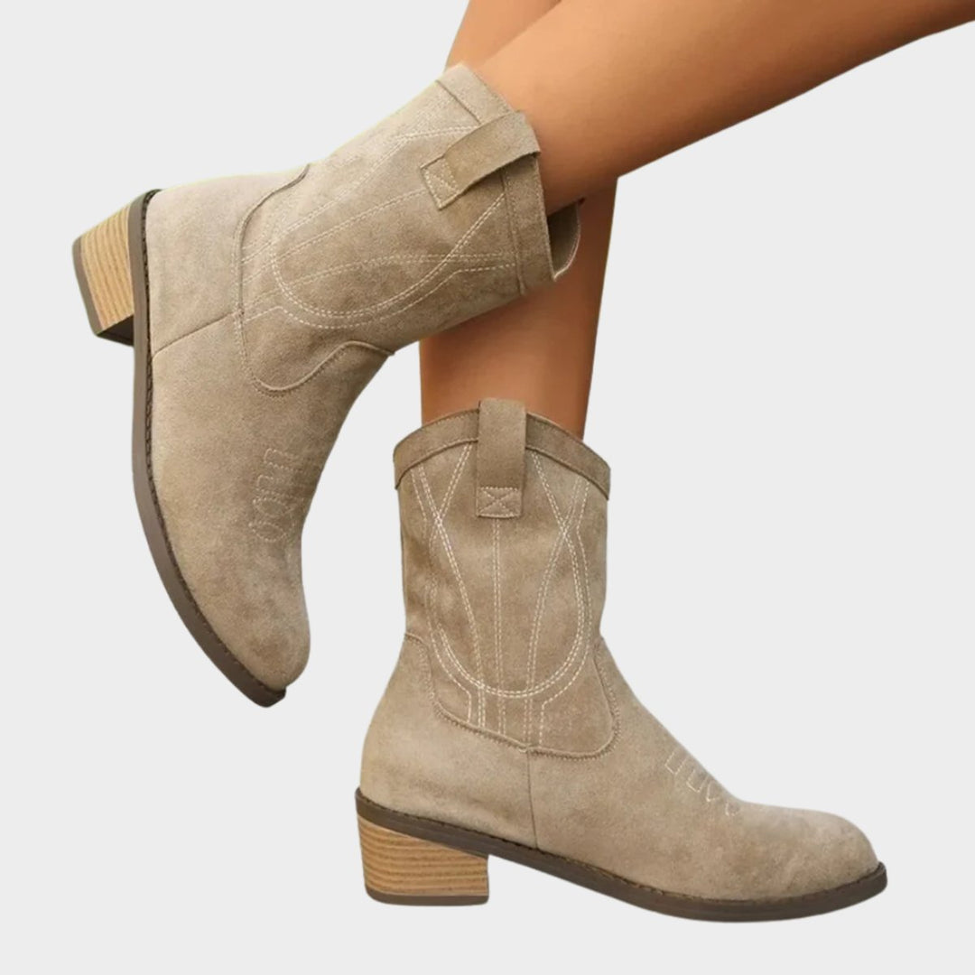 Women's Western Cowboy Suede Mid-Calf Ankle Boots - Gray
