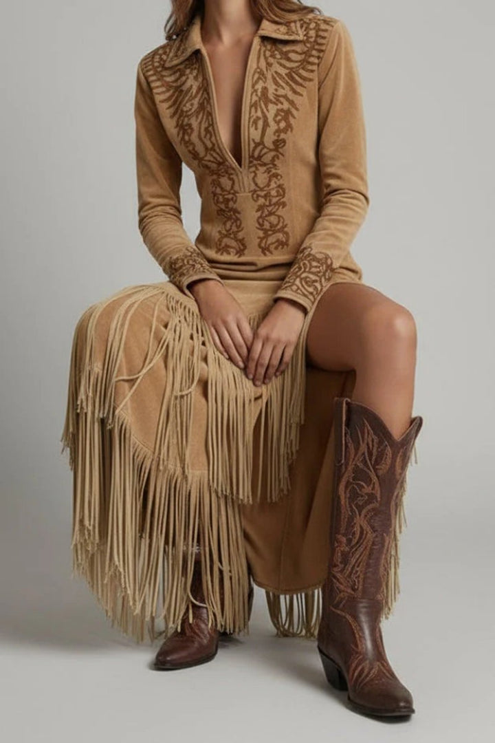 Women's Western Embroidered Fringe Long Sleeve Evening Gown Maxi Dress - Light brown