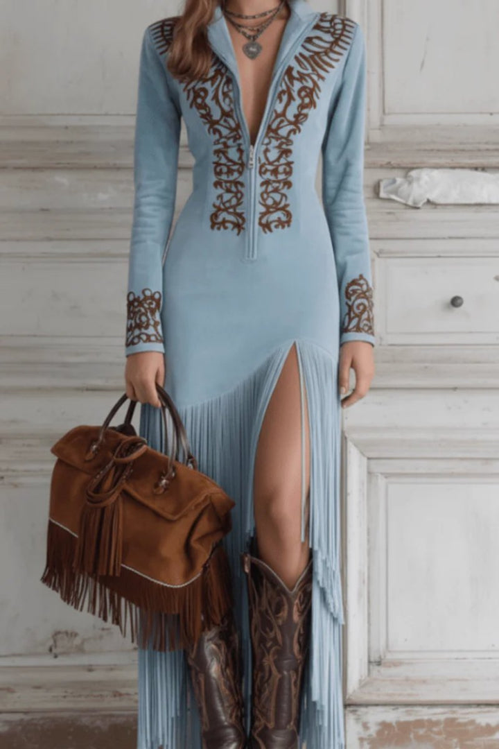Women's Western Embroidered Fringe Long Sleeve Evening Gown Maxi Dress