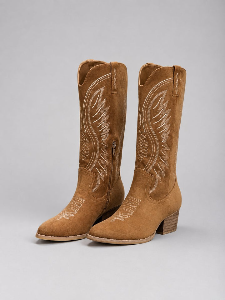 Women's Western Embroidered Suede Cowboy Ankle Boots Block Heel - Brown