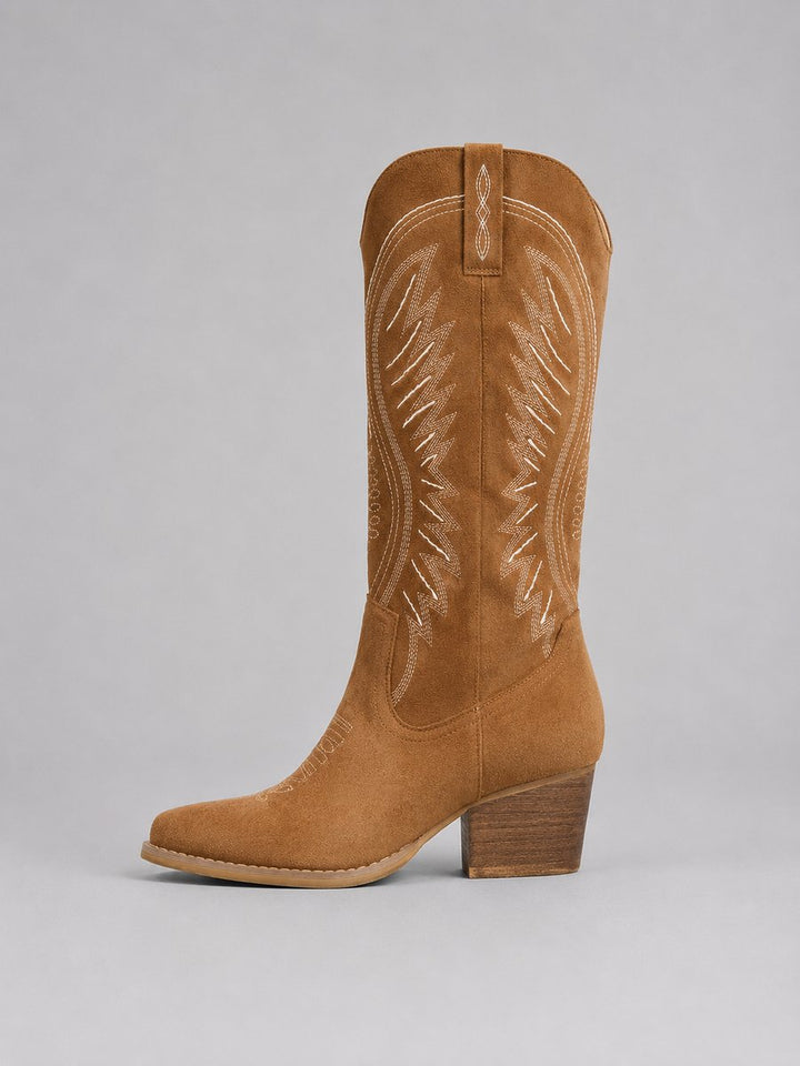 Women's Western Embroidered Suede Cowboy Ankle Boots Block Heel