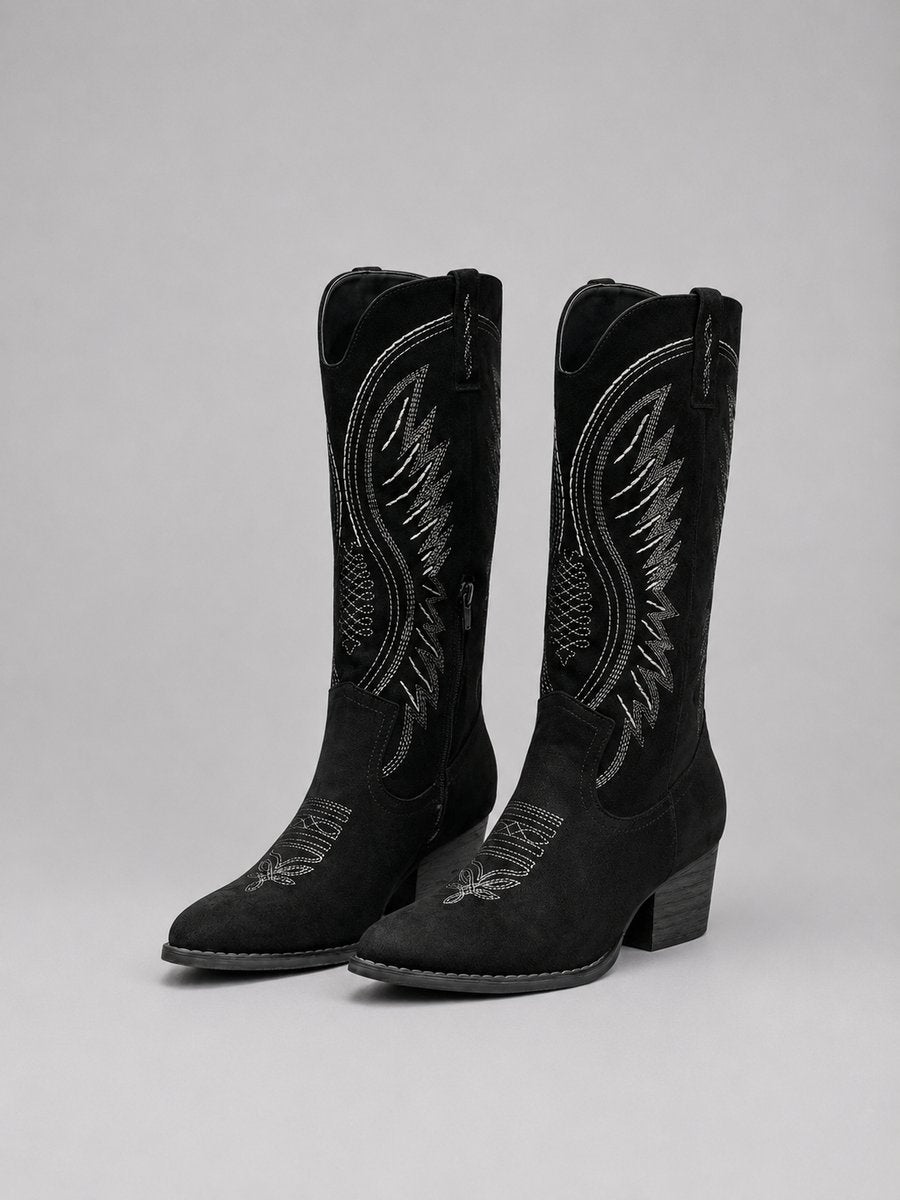 Women's Western Embroidered Suede Cowboy Ankle Boots Block Heel - Black