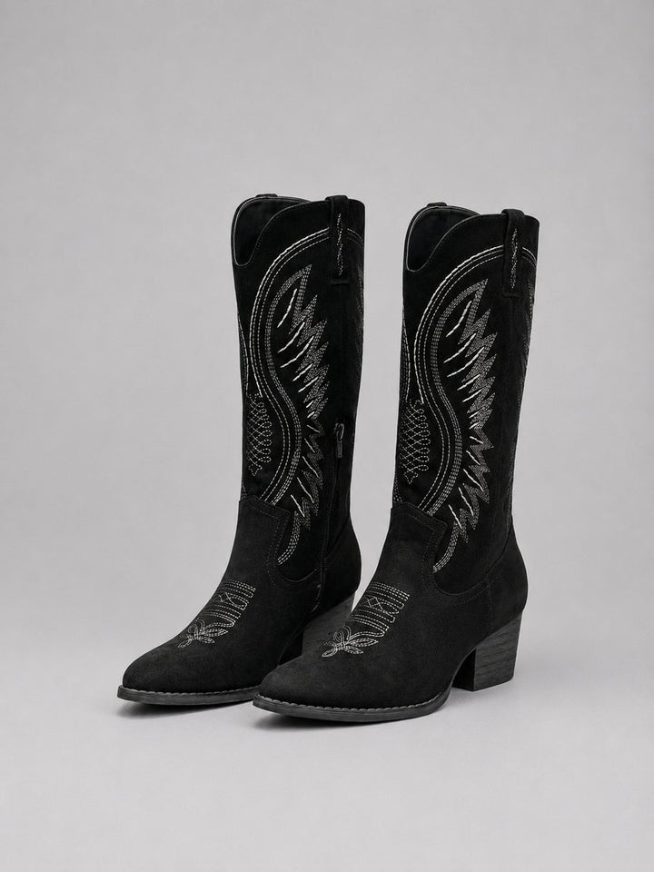 Women's Western Embroidered Suede Cowboy Ankle Boots Block Heel - Black