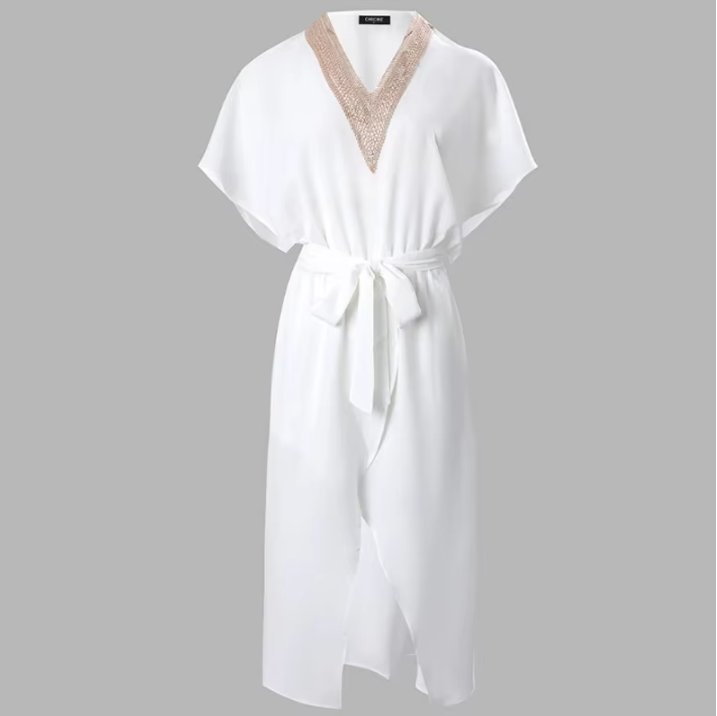 Women's White Gold-Trim V-Neck Batwing-Sleeve Wrap Midi Dress