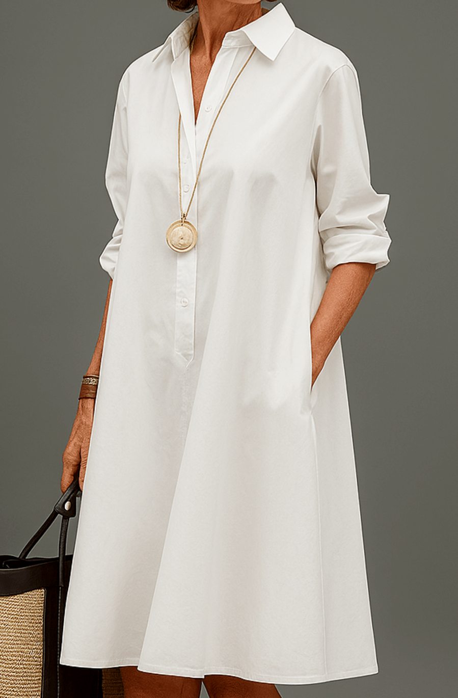 Women's White Long Sleeve Oversized Shirt Dress A-Line - White