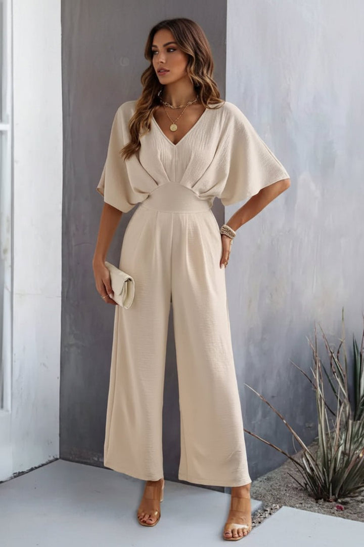 Women's Wide-Leg Batwing-Sleeve V-Neck Wrap Jumpsuit