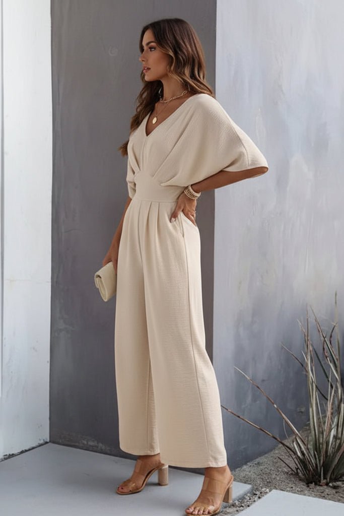 Women's Wide-Leg Batwing-Sleeve V-Neck Wrap Jumpsuit