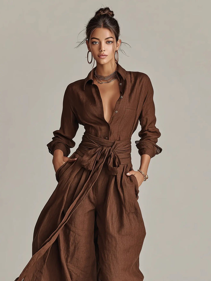 Women's Wide-Leg Cotton-Linen Long-Sleeve Belted Shirt-Collar Jumpsuit