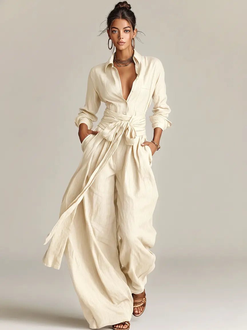 Women's Wide-Leg Cotton-Linen Long-Sleeve Belted Shirt-Collar Jumpsuit - White