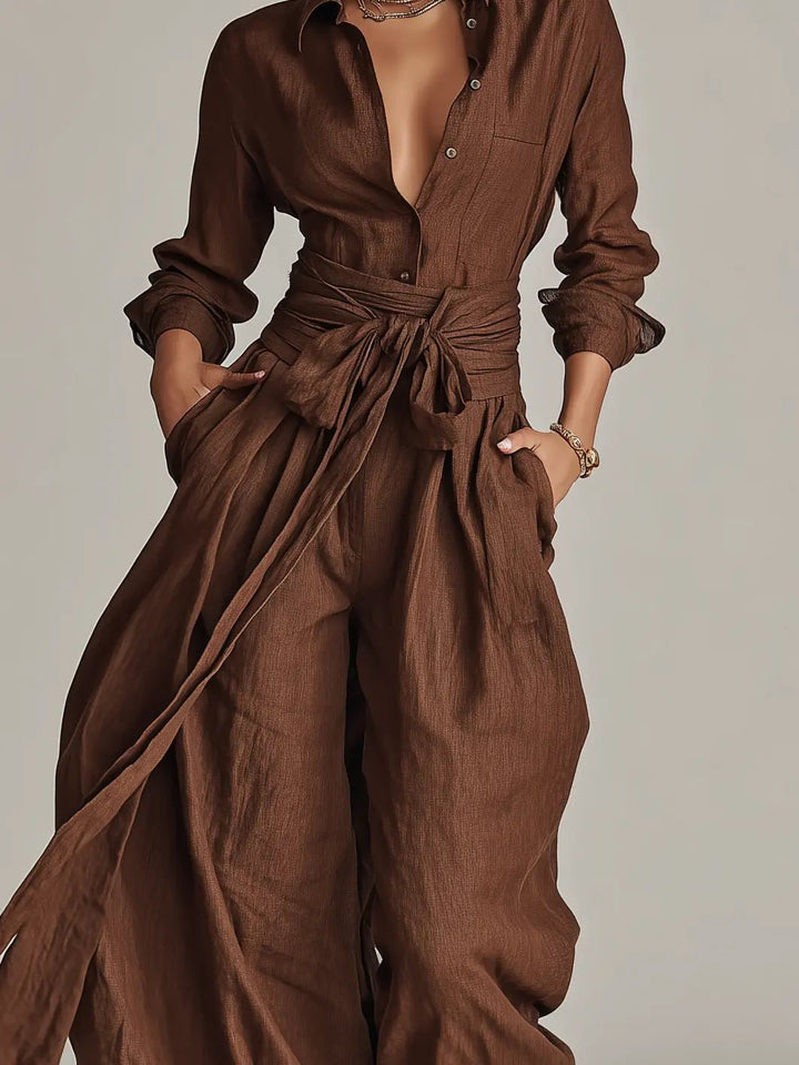 Women's Wide-Leg Cotton-Linen Long-Sleeve Belted Shirt-Collar Jumpsuit