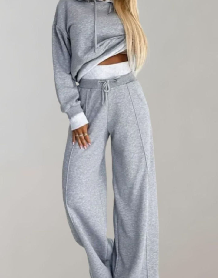 Women's Wide-Leg Drawstring Tracksuit Pants Two-Piece Hoodie Set - Grey