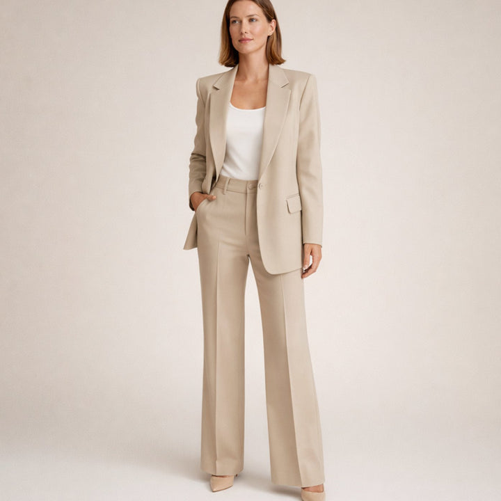 Women's Wide-Leg Flare Blazer Pant Suit Set - Beige