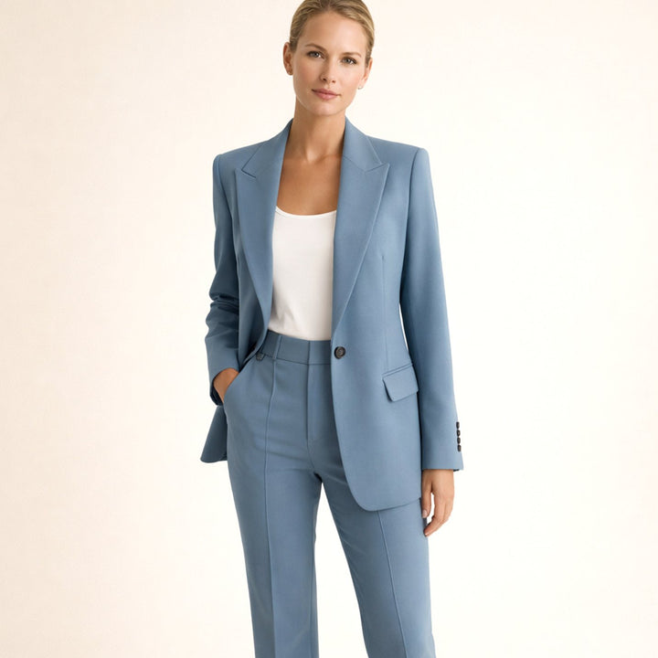 Women's Wide-Leg Flare Blazer Pant Suit Set - Navy Blue