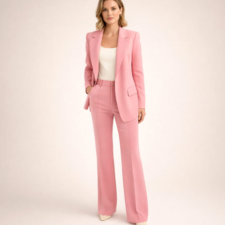 Women's Wide-Leg Flare Blazer Pant Suit Set - Pink
