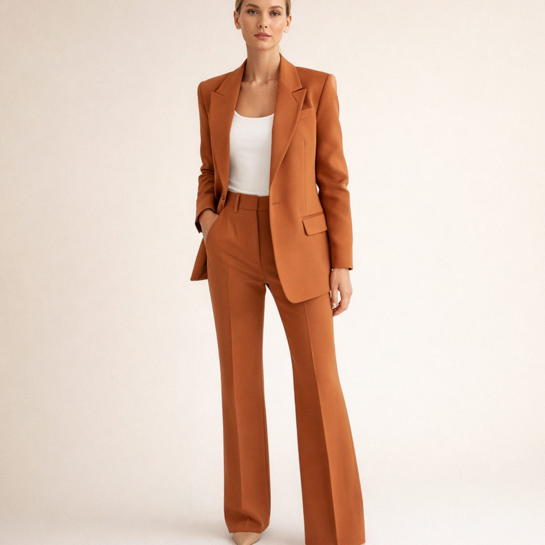 Women's Wide-Leg Flare Blazer Pant Suit Set - Brown