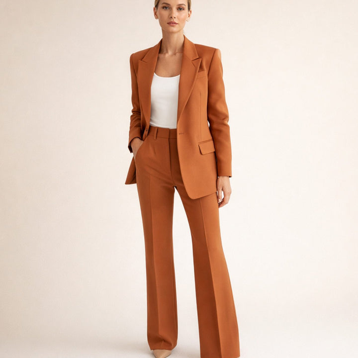 Women's Wide-Leg Flare Blazer Pant Suit Set - Brown