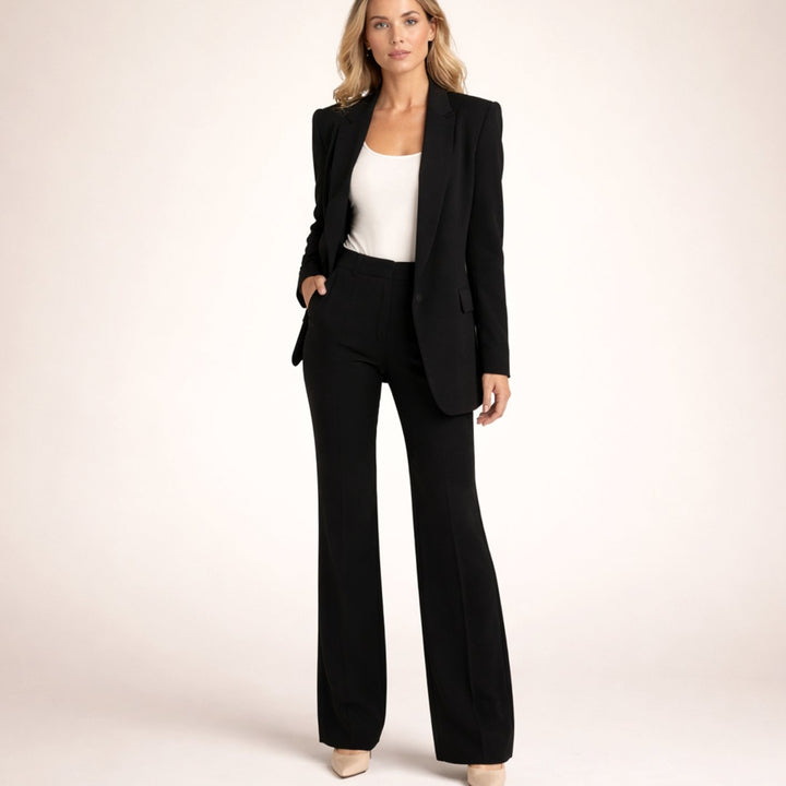 Women's Wide-Leg Flare Blazer Pant Suit Set - Black