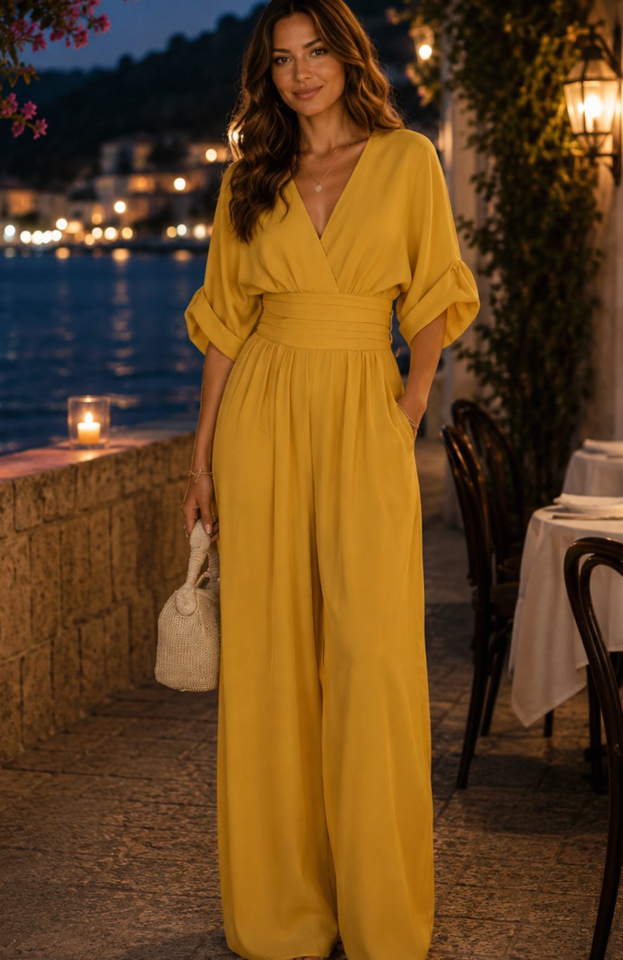 Women's Wide-Leg V-Neck Retro Jumpsuit - Yellow