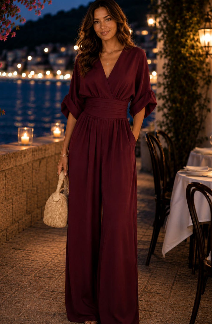 Women's Wide-Leg V-Neck Retro Jumpsuit - Wine Red