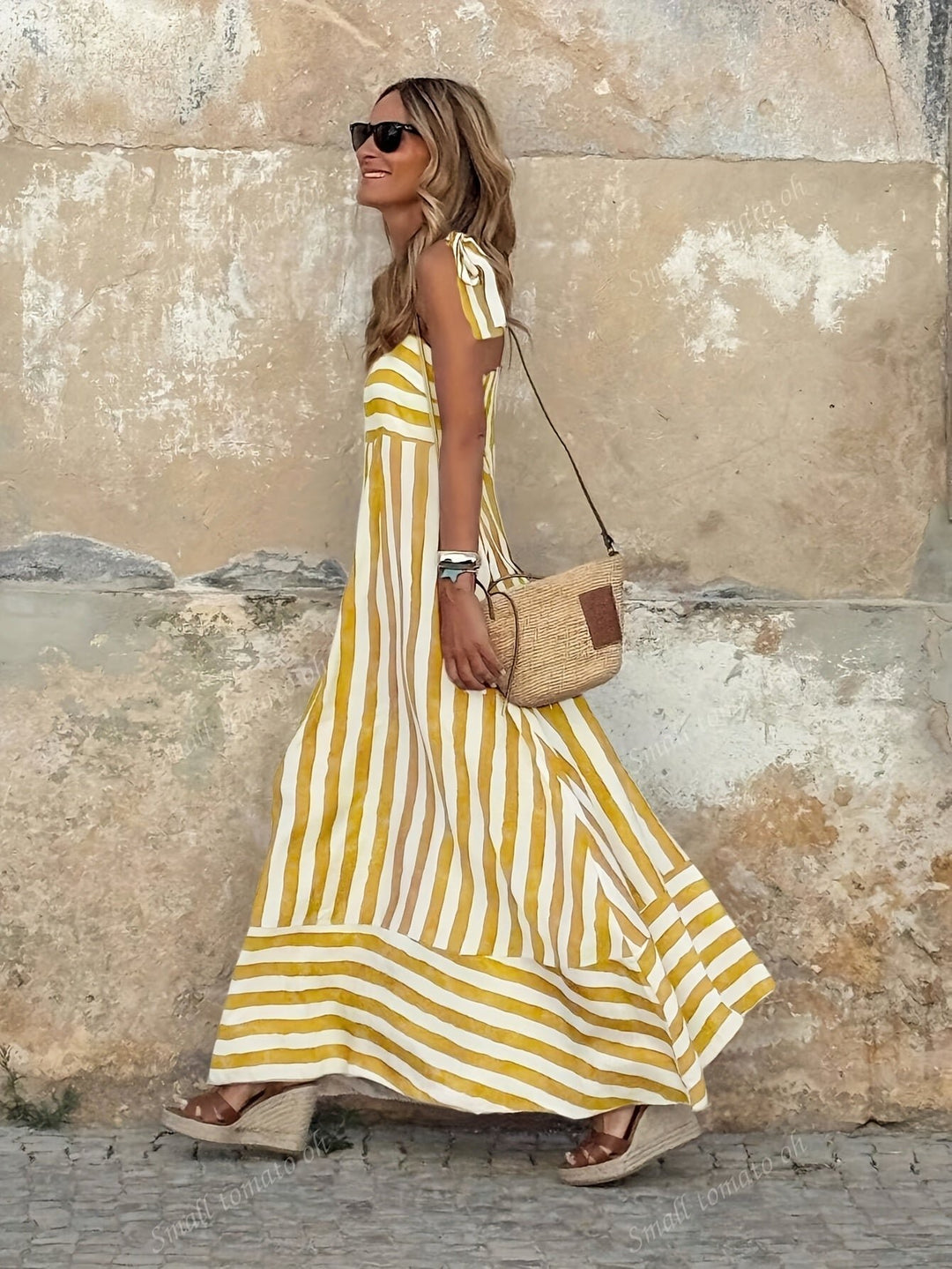 Women's Wide-Stripe Tie-Strap Flared Maxi Dress