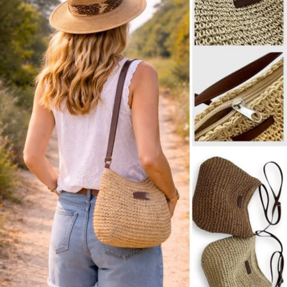 Women's Woven Straw Hobo Shoulder Bag Adjustable Leather Strap