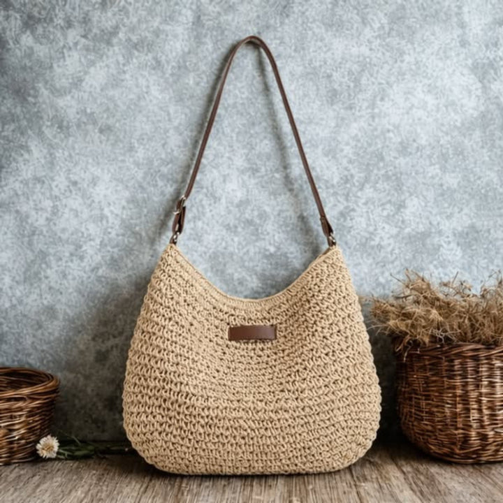 Women's Woven Straw Hobo Shoulder Bag Adjustable Leather Strap - Beige