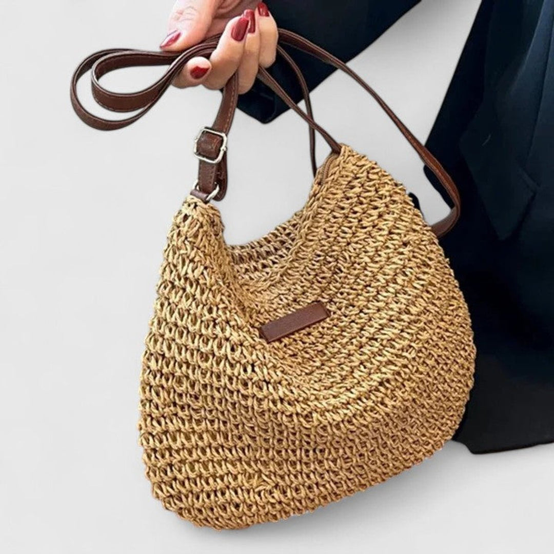 Women's Woven Straw Hobo Shoulder Bag Adjustable Leather Strap - Khaki