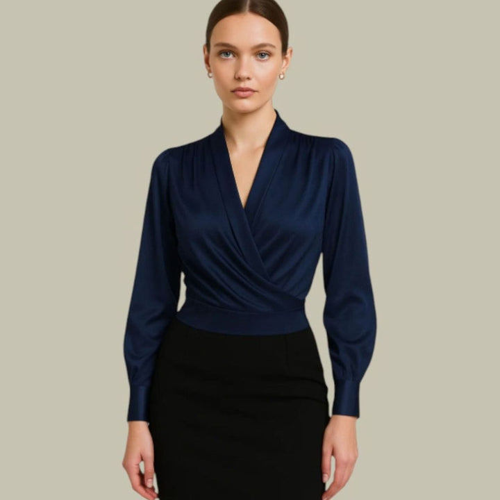 Women's Wrap Front Long Sleeve V-Neck Satin Blouses - Blue