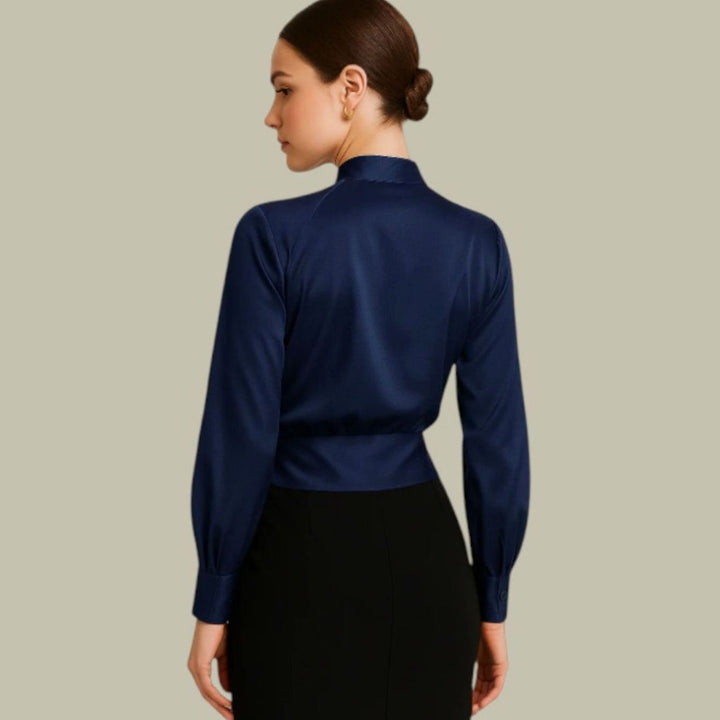 Women's Wrap Front Long Sleeve V-Neck Satin Blouses