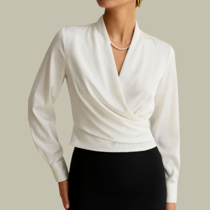 Women's Wrap Front Long Sleeve V-Neck Satin Blouses - White